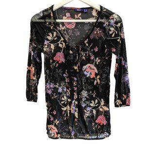 MEXX Floral Sheer Black Blouse 3/4 sleeve Size S Small